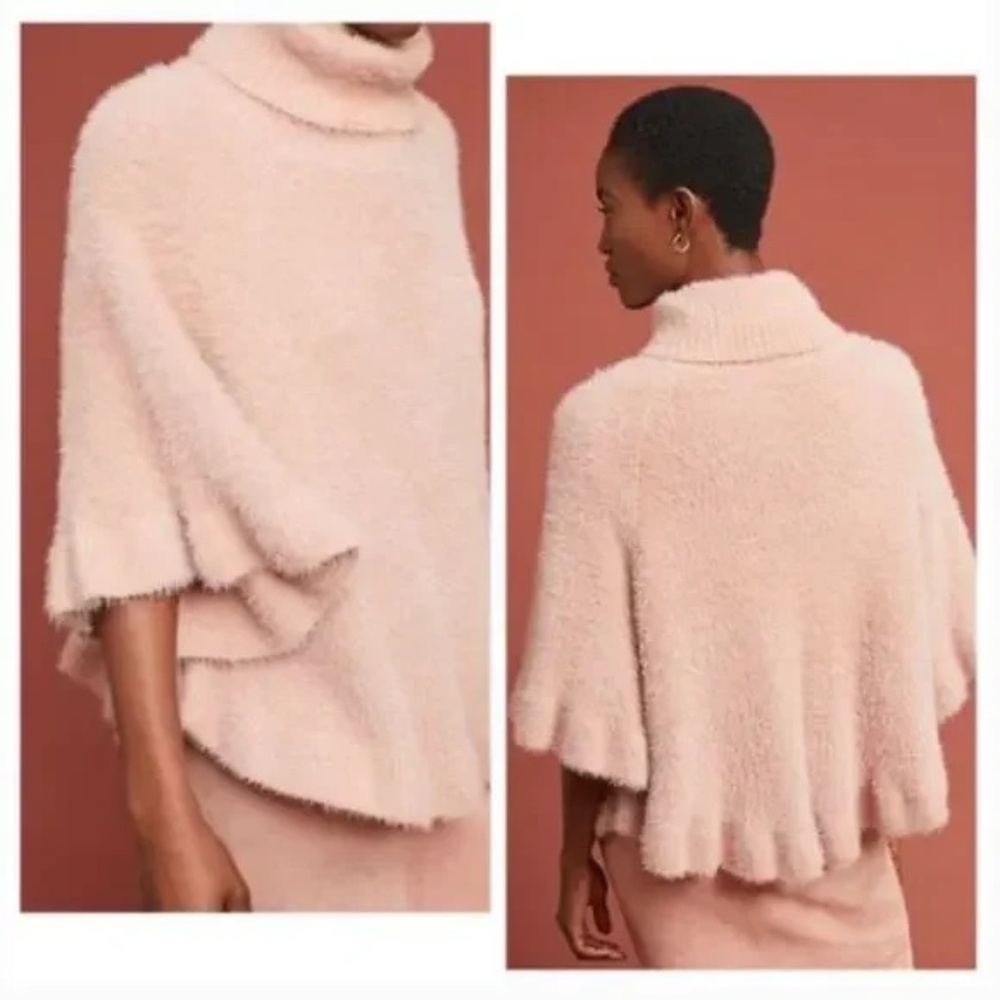 Anthropologie Falling Snow Ruffled Turtleneck Poncho Pink One Size